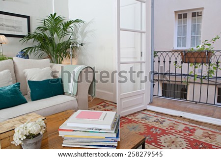 Interior design lifestyle of a home living room with white sofa and cushions, interior view. House indoors with carpets and open french doors balcony. Tranquil and aspirational lifestyle home space.