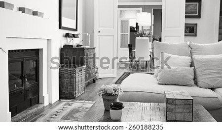 Still life of a stylish, personal and elegant home living room with a white sofa and a fireplace, wooden floors and carpets, house interior. Beautiful home space and family room with books, indoors.