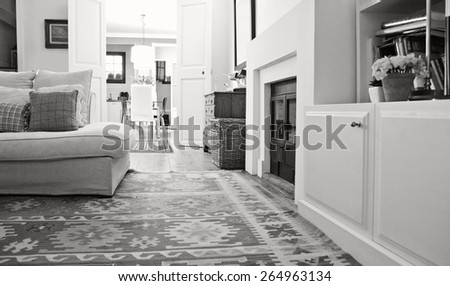 Black and white still life of interior design home living room with a comfortable and welcoming fireplace, white sofa and quality carpets, interior. Aspirational family room, indoors lifestyle.
