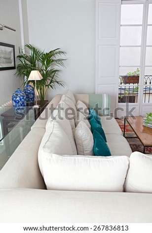 Still life home interior view of an elegant spacious family living room with a stylish white sofa and plants, indoors. Aspirational luxurious lifestyle and living interior space. Desirable property.