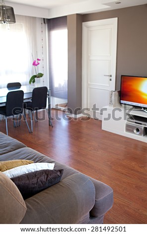 Still life view of an apartment living room with flat screen TV technology and a sofa with cushions in a bright home interior. Cozy family living room house interior and home living detail.