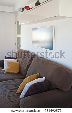 Still life view of an apartment living room with a sofa and cushions in a bright home interior. Comfortable family living room with a picture frame on the wall, house interior and home living detail.