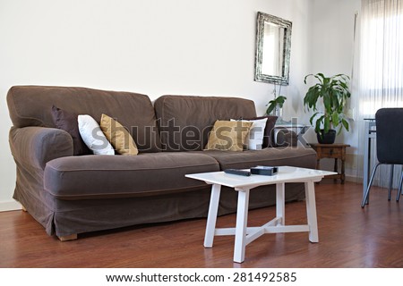 Still life view of an apartment living room with a brown sofa and a coffee table with a TV remote control in a bright home interior. Comfortable family living room view, house interior living detail.