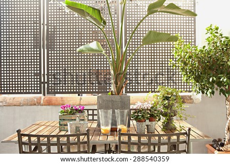 Still life of a home outdoors living room and terrace garden outdoors eating area with table and chairs, in a stylish house, relaxing area. Home relaxing living, empty space, aspirational lifestyle.