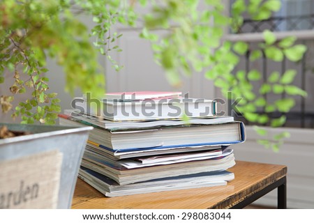 Still life detail of living room with a bamboo texture coffee table and a pile of books and magazines next to a green plant, home living room interior. Aspirational living space, indoors lifestyle.