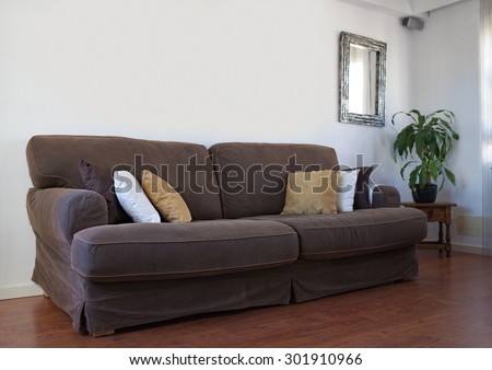 Still life view of a family home living room with a comfortable brown sofa with cushions in a wooden floor textured house interior. Home relaxing and lounging space with a mirror and a plant, indoors.