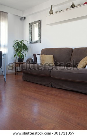 Still life view of a family home living room with a comfortable brown sofa with cushions in a wooden floor texture house interior. Home relaxing and lounging space with a mirror and a plant, indoors.