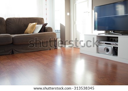 Still life view of a family home living room with high technology flat screen tv, wooden flooring and a sofa by a bright window, house interior. Home relaxing space with entertainment, indoors.