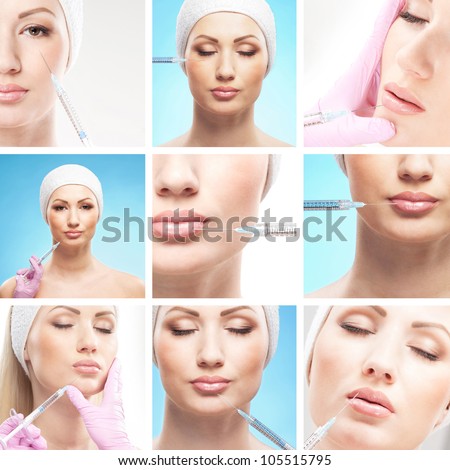 Beautiful woman gets an injection in her face - collage