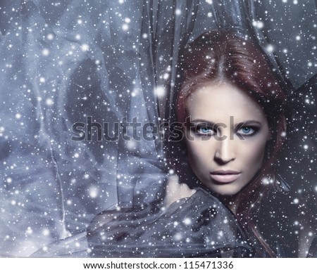 Fashion Shoot Of Young Attractive Woman In Blowing Silk Over The Snowy Background