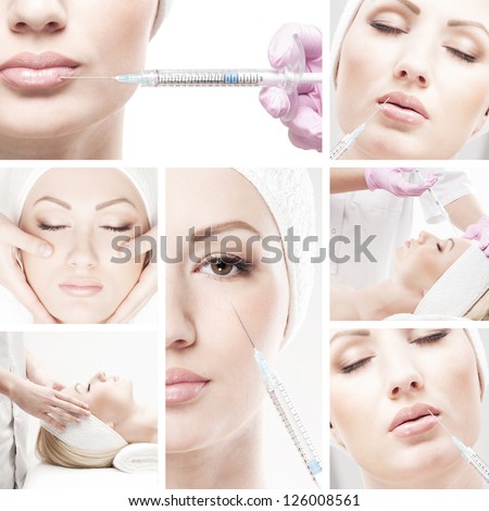 Collage Made Of Some Different Pictures With The Botox Injections Over White Background