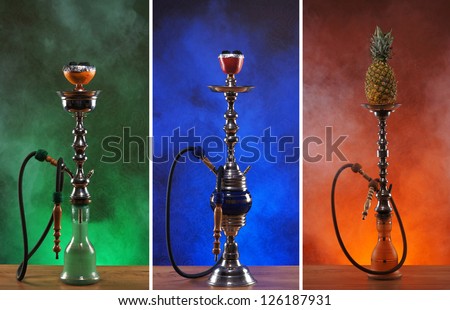 Different hookahs over the bright backgrounds with smoke