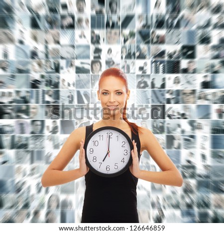 Young woman with the watches over the abstract business collage