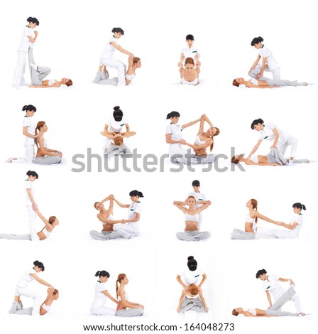 Set collection with many different images of the woman getting traditional thai stretching massage by therapist isolated on white background Set collection with many different images of the woman getting traditional thai stretching massage by therapist isolated on white background