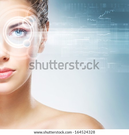 Young and attractive woman from future with the laser hologram on her eyes (collage about eye scanning technology)