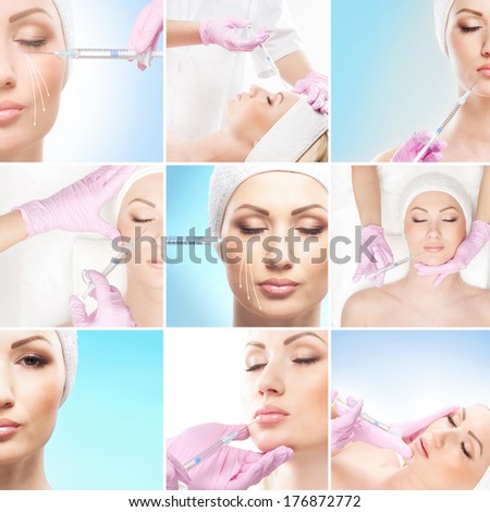 Collage of some different images with injections and face lifting treatment