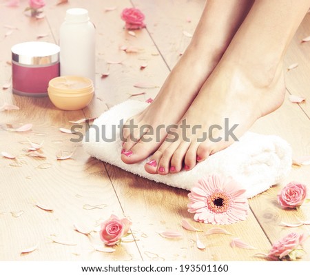 Summer background. Beautiful female legs over spa background.