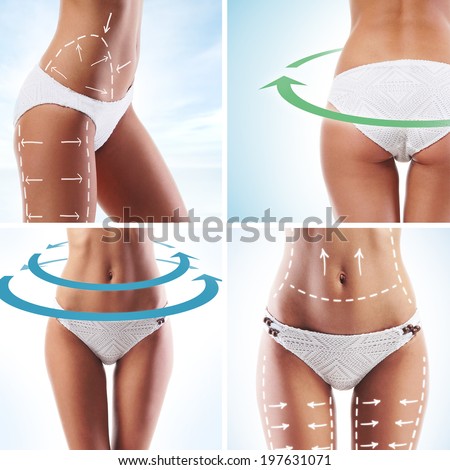 Sporty female body with the drawing arrows isolated on white. Nutrition, healthy eating and sport concept.