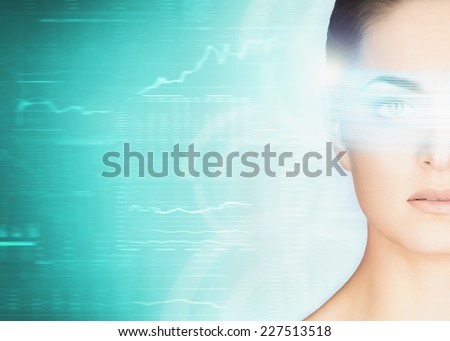 Young woman with a digital laser hologram on her eyes (ophthalmology, eye surgery and identity scanning technology concept)