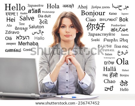 Business woman or teacher in office. Different world languages concept.
