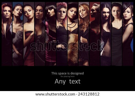 Fashionable collection of different women posing in fashion dresses. Style, clothes and beauty concept.