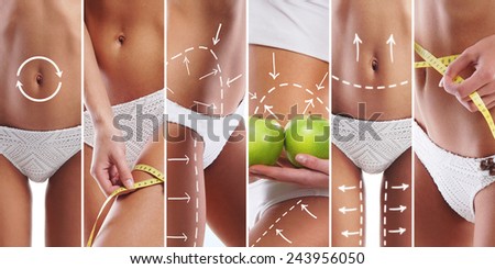 Fit female body isolated on white. Diet, sport and healthy eating collage