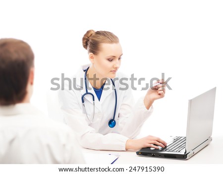 A young and attractive female doctor in white clothes is consulting a patient on a white background.