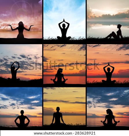 Yoga, zen and meditation set collage. Meditating silhouette.
