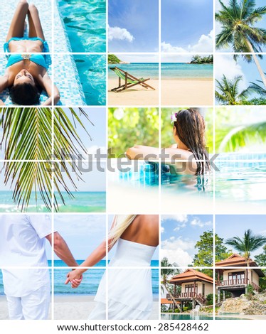 Seasonal summer pictures: Resorts, sea, pool, villas and palms. Love, relaxation and traveling concept.