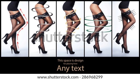 Collection of female legs in stockings with a different arrows.