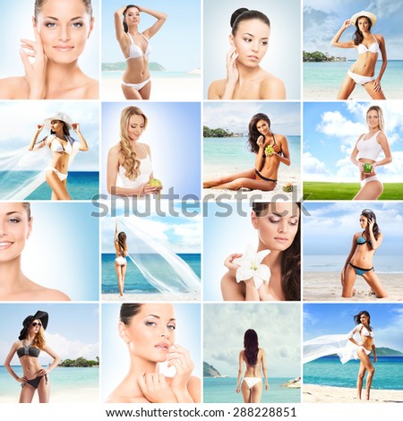 Summer collage. Fitness, healthy eating, resorts, swimsuits and a beach collection.