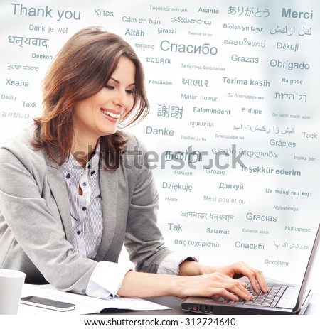 Business woman or teacher in office. Different world languages concept.