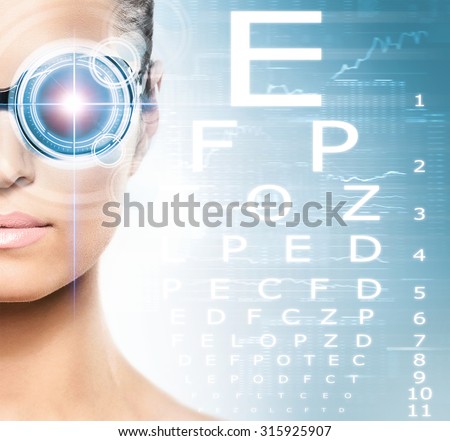 Woman with a laser on her eyes (ophthalmology, optometry and eye scanning technology)