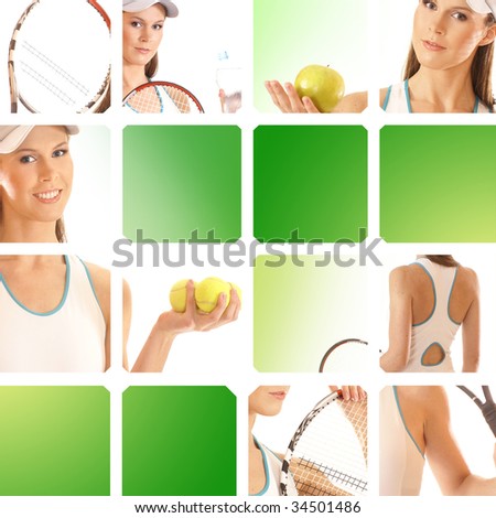 Young fit tennis player with apple isolated on white