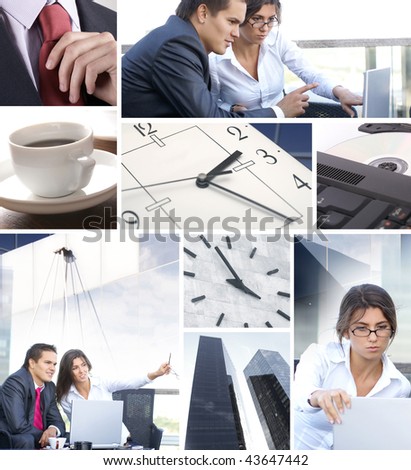 Business collage illustrating finance, communication, time, technology, real estate and business lifestyle