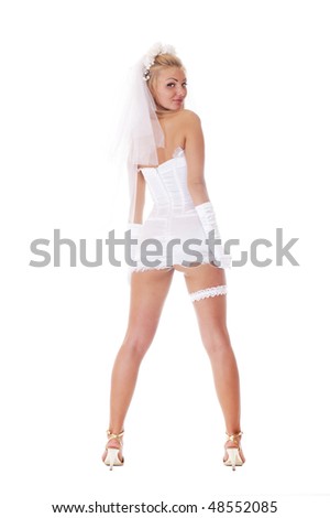 stock photo Young sexy bride in vulgar pose isolated on white