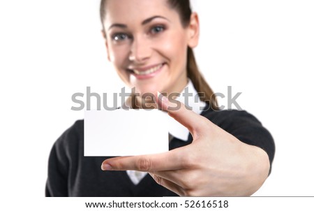 Business woman with the visit card. WARNING! Very low depth of field, focus only on the hand! Face is not in focus!