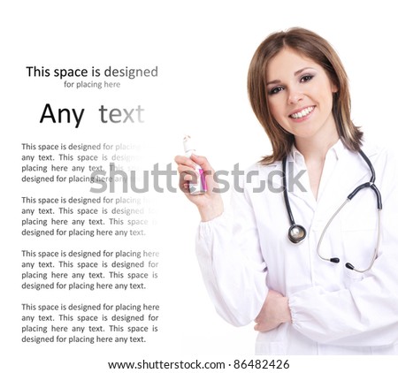 stock photo Young and attractive doctor with a throat spray isolated on 