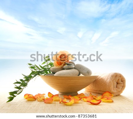 Health care background made of many still-life elements over sea background