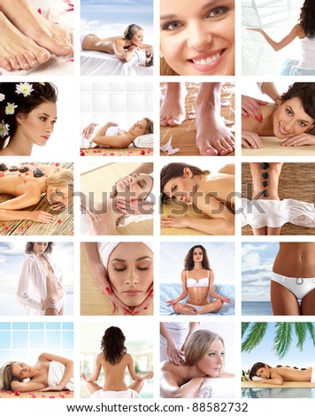 Great collage made of 36 pictures about health, dieting, sport and spa