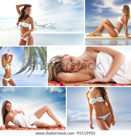 Spa collage with some nice shoots of young and healthy women getting recreation treatment