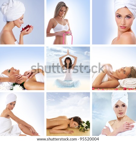 Spa collage with some nice shoots of young and healthy women getting recreation treatment