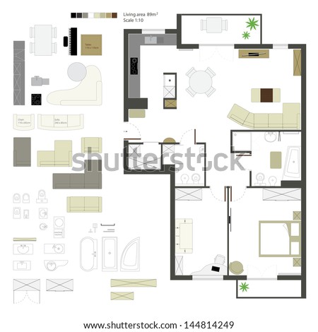 Vector Flat Projection With Furniture. Set. Scale Of 1 To 10