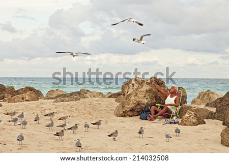 An old man feeds sea birds on Miami beach