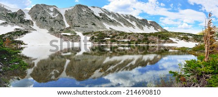 Snowy Range Mountains and alpine lake with reflection in Medicine Bow, Wyoming in summer