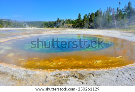 colorful steaming geyser pool in Upper Geyser basin of Yellowstone National Park, Wyoming