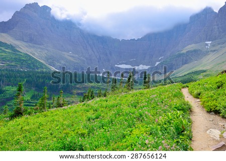 alpine trail to Iceberg Lake Glacier in Glacier National Park in summer