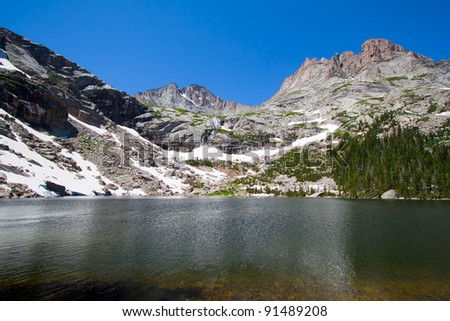Black Lake and Rocky Mountains with glacier in summer, Rocky Mountains National Park, USA