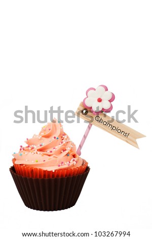 isolated cupcake in Dutch orange with champions on a flag