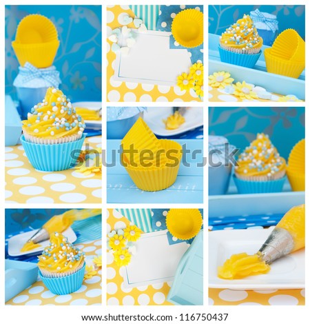 cupcake collage in blue and yellow